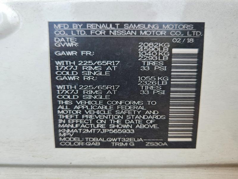 56411306 :رقم المزاد ، KNMAT2MT7JP565933 vin ، 2018 Nissan Rogue مزاد بيع