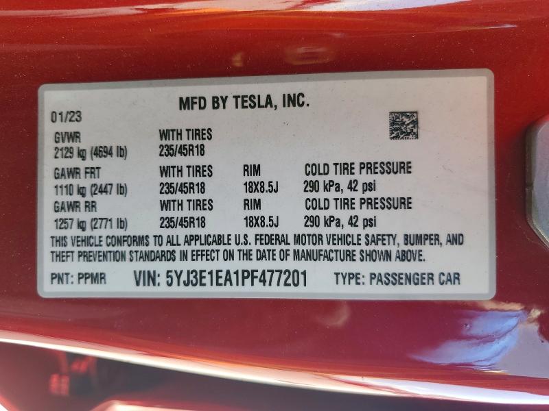Aukcja sprzedaży 2023 Tesla Model 3, vin: 5YJ3E1EA1PF477201, numer aukcji: 57576166