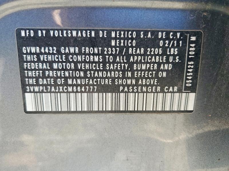 2012 Volkswagen Jetta მანქანა იყიდება აუქციონზე, vin: 3VWPL7AJXCM664777, აუქციონის ნომერი: 51664316