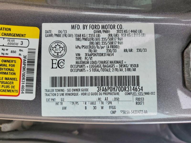 Aukcja sprzedaży 2013 Ford Fusion, vin: 3FA6P0H70DR314654, numer aukcji: 58102546