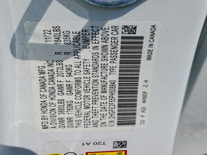 Продажа на аукционе авто 2023 Honda Civic, vin: 2HGFE2F55PH508840, номер лота: 59111976