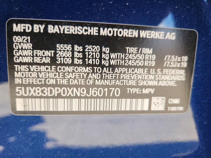 Aukcja sprzedaży 2022 Bmw X3, vin: 5UX83DP0XN9J60170, numer aukcji: 55597606