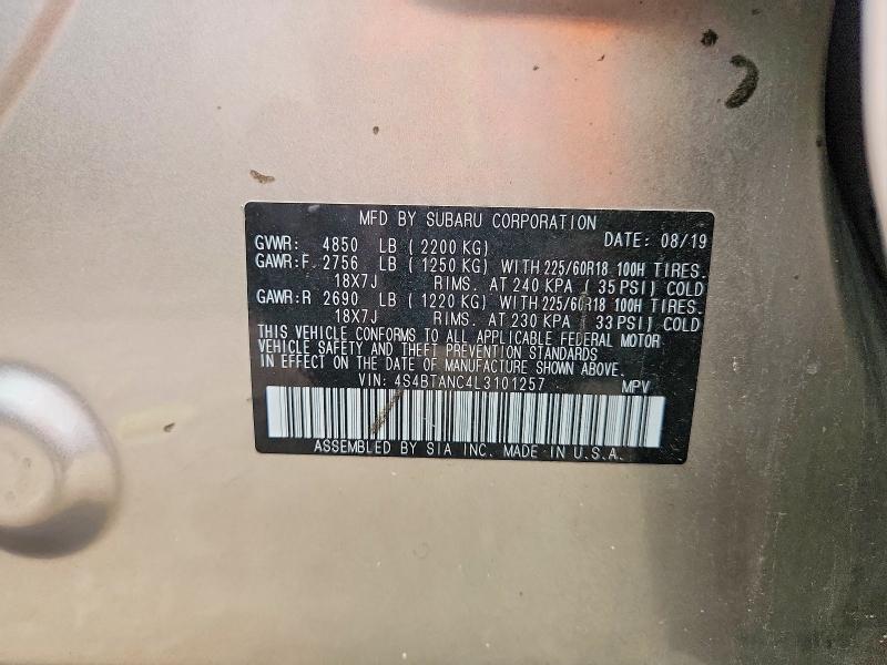 85452865 :رقم المزاد ، 4S4BTANC4L3101257 vin ، 2020 Subaru Outback مزاد بيع