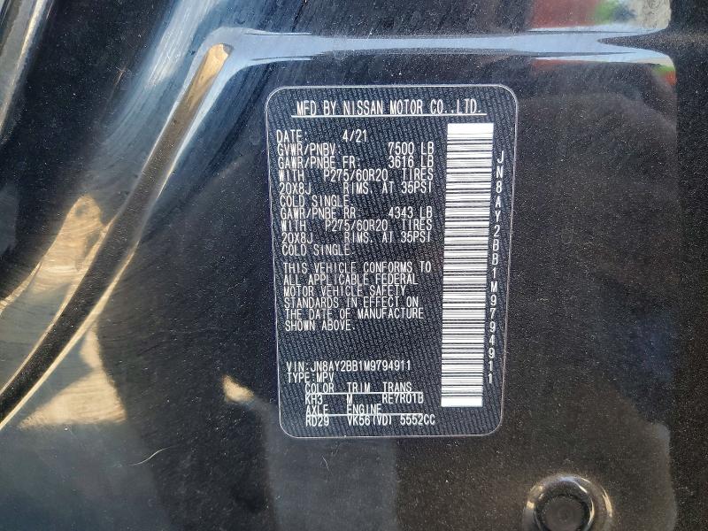 2021 Nissan Armada მანქანა იყიდება აუქციონზე, vin: JN8AY2BB1M9794911, აუქციონის ნომერი: 57739076