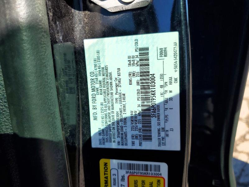 2019 Ford Fusion მანქანა იყიდება აუქციონზე, vin: 3FA6P0T95KR103004, აუქციონის ნომერი: 56598756