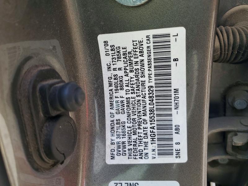 2008 Honda Civic მანქანა იყიდება აუქციონზე, vin: 1HGFA15538L048329, აუქციონის ნომერი: 85632955