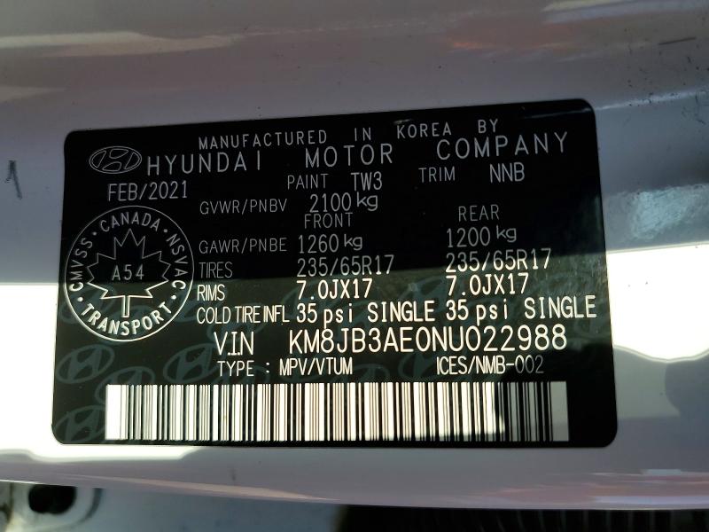 2022 Hyundai Tucson მანქანა იყიდება აუქციონზე, vin: KM8JB3AE0NU022988, აუქციონის ნომერი: 58259856