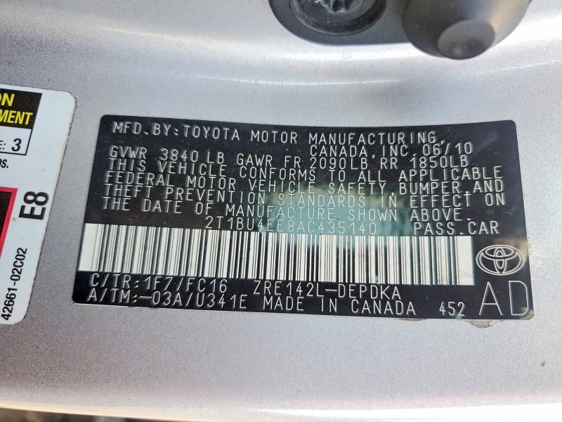 58575896 :رقم المزاد ، 2T1BU4EE8AC435140 vin ، 2010 Toyota Corolla مزاد بيع