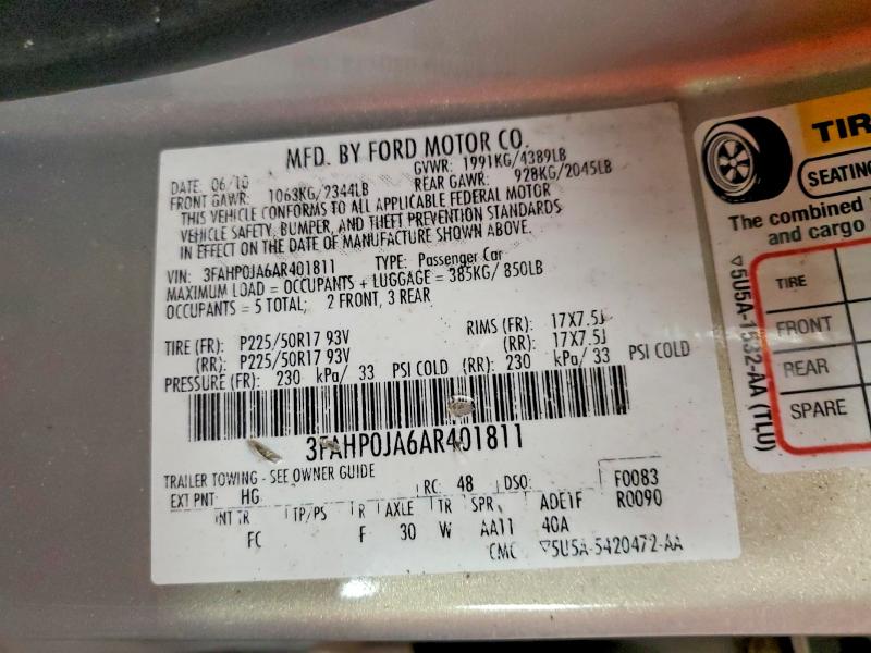 57965116 :رقم المزاد ، 3FAHP0JA6AR401811 vin ، 2010 Ford Fusion مزاد بيع