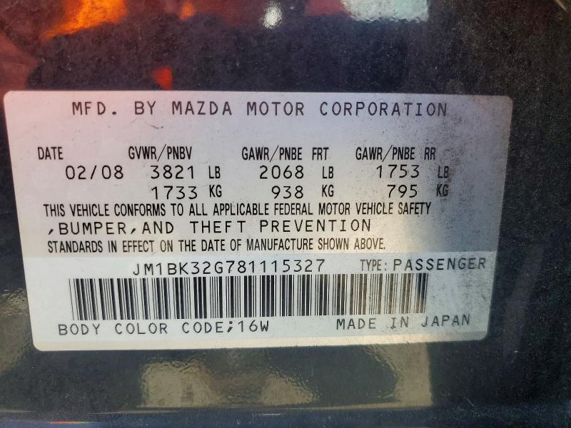 Aukcja sprzedaży 2008 Mazda 3, vin: JM1BK32G781115327, numer aukcji: 57079896