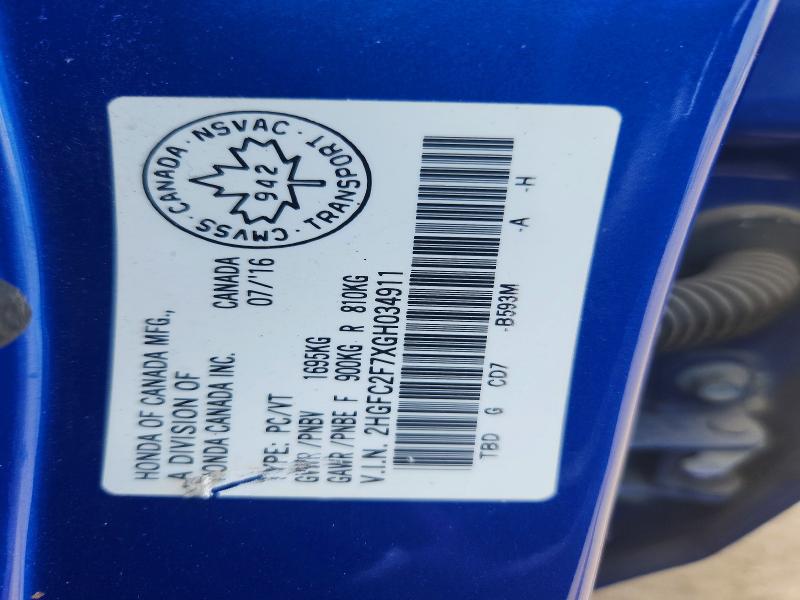 Продажа на аукционе авто 2016 Honda Civic, vin: 2HGFC2F7XGH034911, номер лота: 57201636