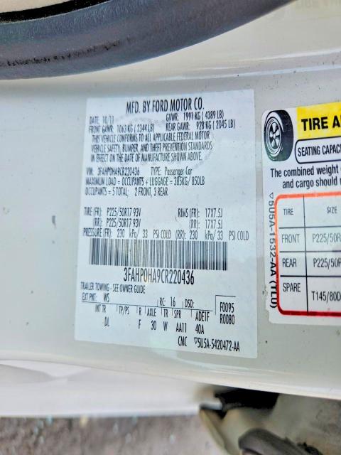 Продажа на аукционе авто 2012 Ford Fusion, vin: 3FAHP0HA9CR220436, номер лота: 59078996