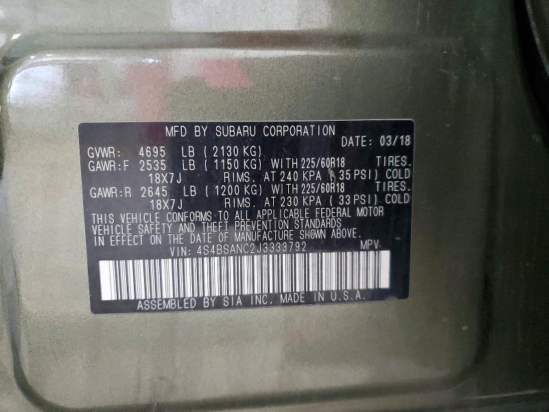 Aukcja sprzedaży 2018 Subaru Outback, vin: 4S4BSANC2J3333792, numer aukcji: 56195956