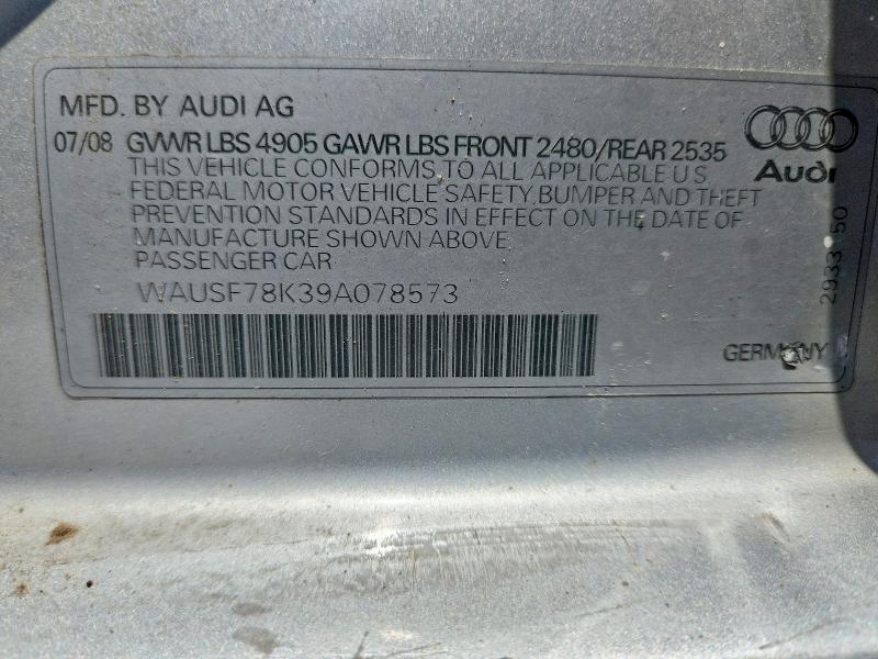 57450226 :رقم المزاد ، WAUSF78K39A078573 vin ، 2009 Audi A4 مزاد بيع