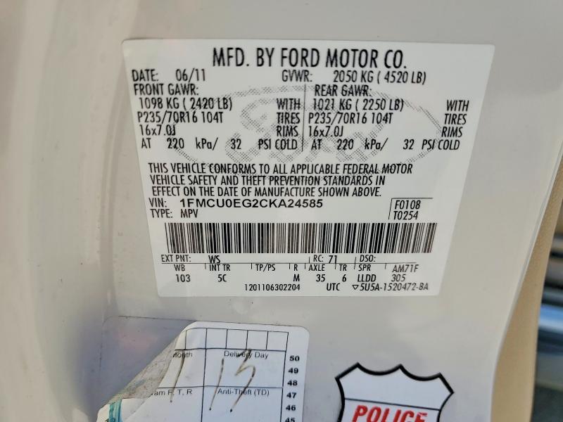 2012 Ford Escape მანქანა იყიდება აუქციონზე, vin: 1FMCU0EG2CKA24585, აუქციონის ნომერი: 58479466
