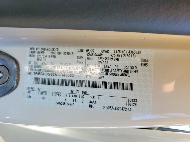 Продажа на аукционе авто 2022 Ford Escape, vin: 1FMCU0G63NUB43063, номер лота: 56764586