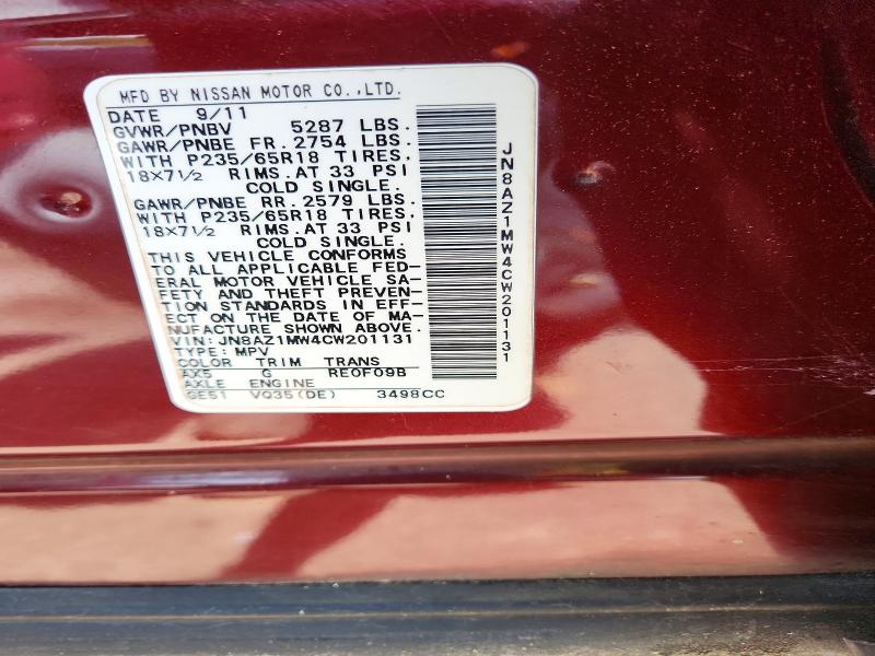 2012 Nissan Murano მანქანა იყიდება აუქციონზე, vin: JN8AZ1MW4CW201131, აუქციონის ნომერი: 58335316