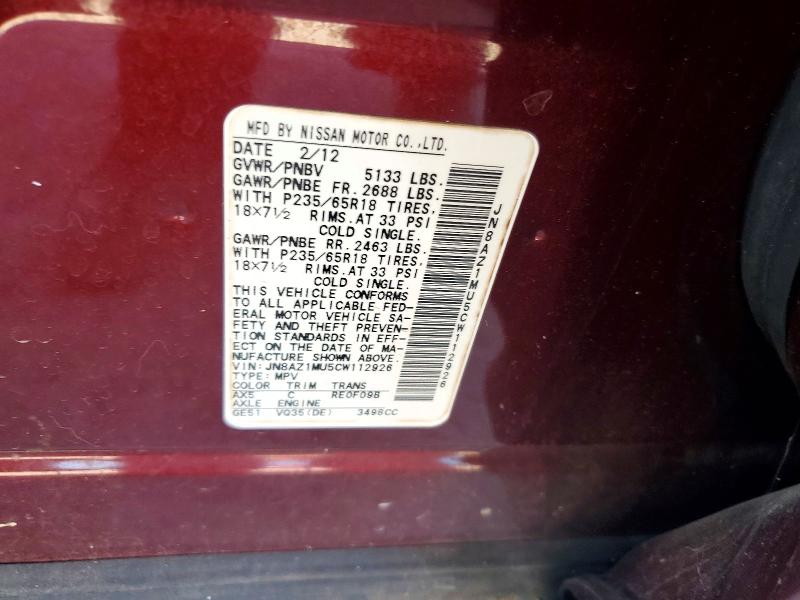 Aukcja sprzedaży 2012 Nissan Morano, vin: JN8AZ1MU5CW112926, numer aukcji: 58926976