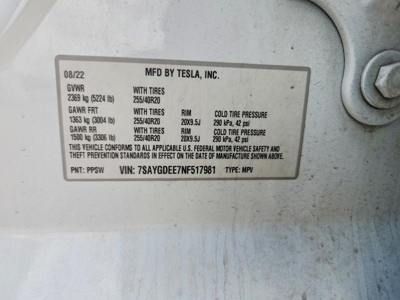 2022 Tesla Model Y მანქანა იყიდება აუქციონზე, vin: 7SAYGDEE7NF517981, აუქციონის ნომერი: 56066206