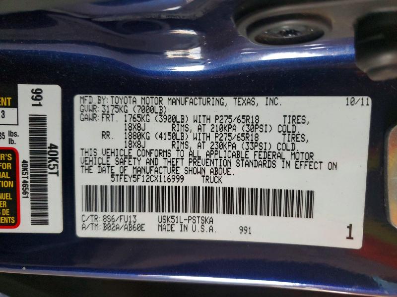 2012 Toyota Tundra მანქანა იყიდება აუქციონზე, vin: 5TFEY5F12CX116999, აუქციონის ნომერი: 58532306