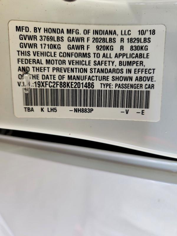 Продажа на аукционе авто 2019 Honda Civic, vin: 19XFC2F88KE201486, номер лота: 58143816