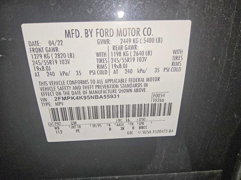 2022 Ford Edge მანქანა იყიდება აუქციონზე, vin: 2FMPK4K95NBA55931, აუქციონის ნომერი: 60723486