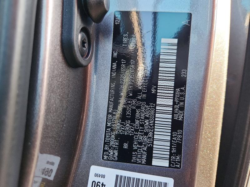 Продаж на аукціоні авто 2022 Toyota Sienna, vin: 5TDJRKEC4NS098012, номер лоту: 57528216