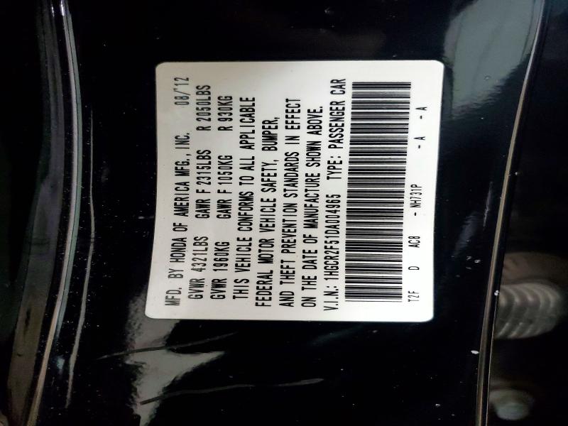 Auction sale of the 2013 Honda Accord, vin: 1HGCR2F51DA004965, lot number: 57343106
