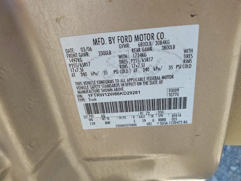 57518056 :رقم المزاد ، 1FTRW12W86KD29281 vin ، 2006 Ford F150 مزاد بيع