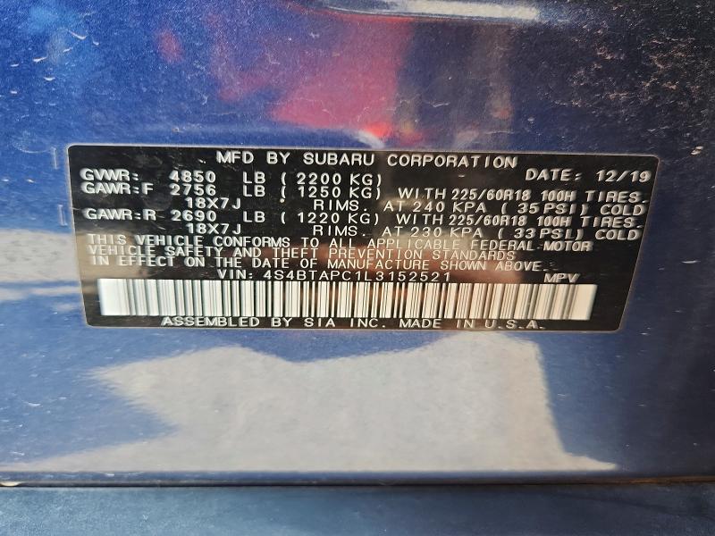 54792176 :رقم المزاد ، 4S4BTAPC1L3152521 vin ، 2020 Subaru Outback مزاد بيع