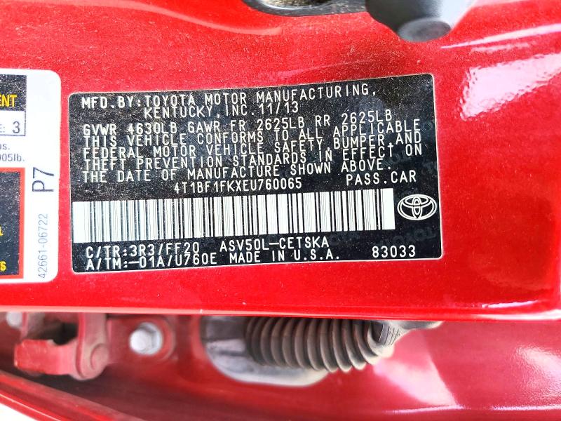 2014 Toyota Camry მანქანა იყიდება აუქციონზე, vin: 4T1BF1FKXEU760065, აუქციონის ნომერი: 56584246