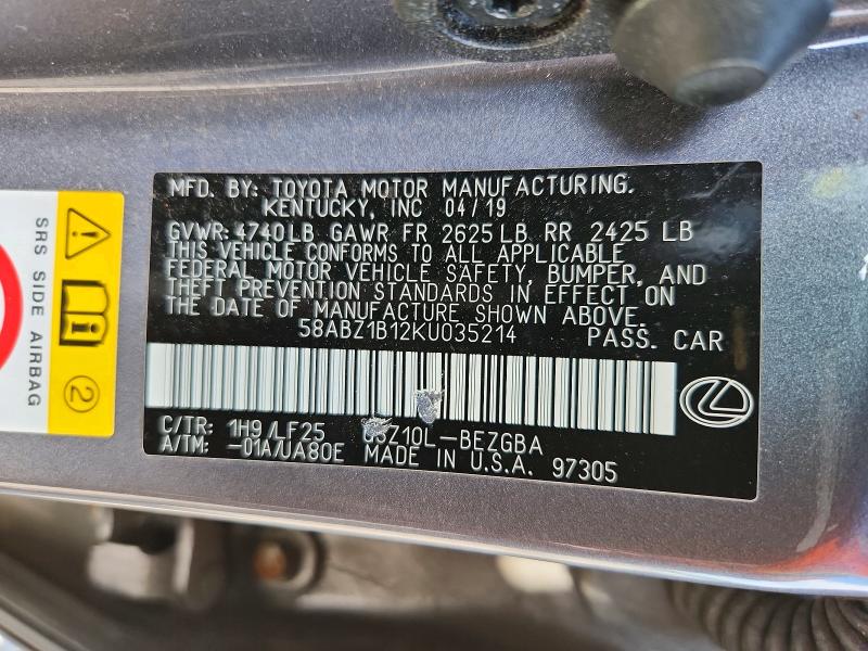 Aukcja sprzedaży 2019 Lexus Es, vin: 58ABZ1B12KU035214, numer aukcji: 58023956