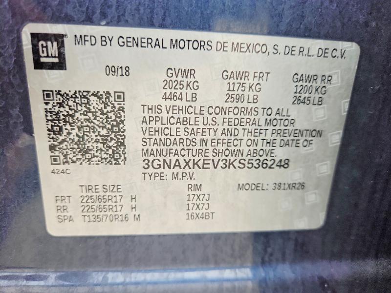2019 Chevrolet Equinox მანქანა იყიდება აუქციონზე, vin: 3GNAXKEV3KS536248, აუქციონის ნომერი: 57834336