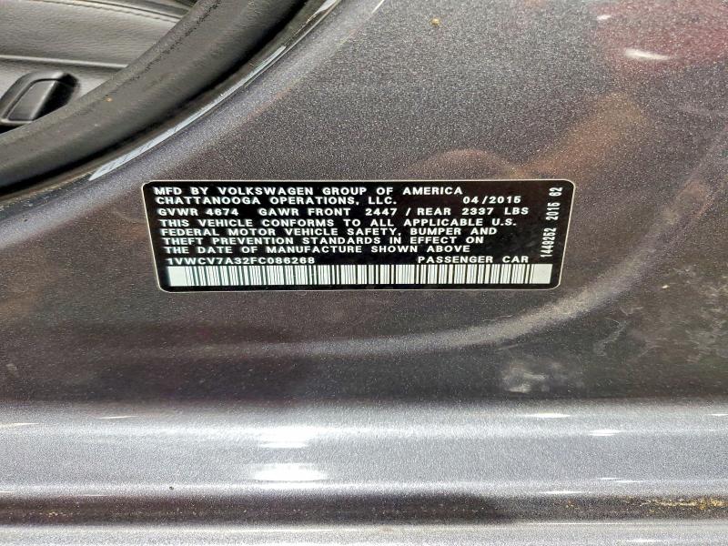 2015 Volkswagen Passat მანქანა იყიდება აუქციონზე, vin: 1VWCV7A32FC086268, აუქციონის ნომერი: 57243396