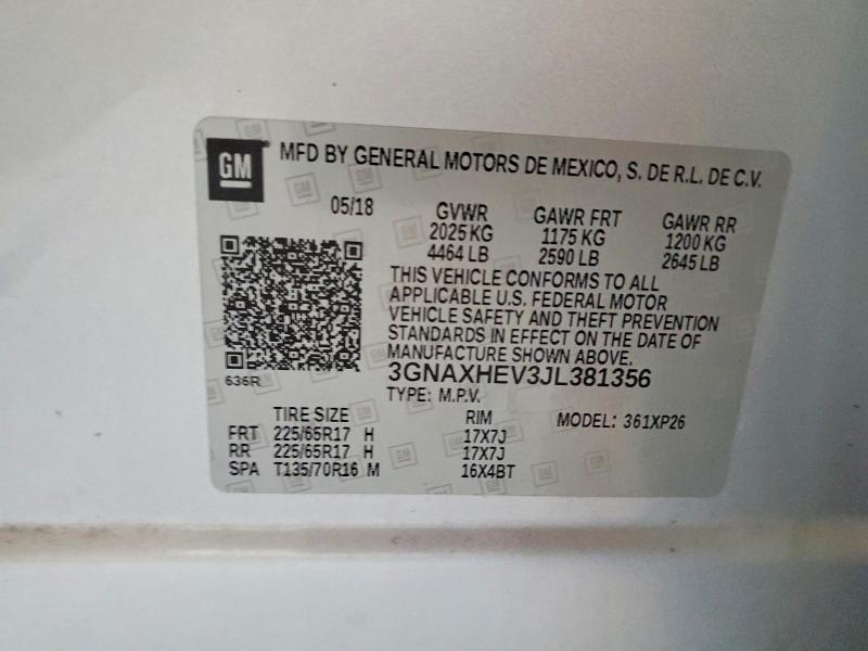 Aukcja sprzedaży 2018 Chevrolet Equinox, vin: 3GNAXHEV3JL381356, numer aukcji: 57029756