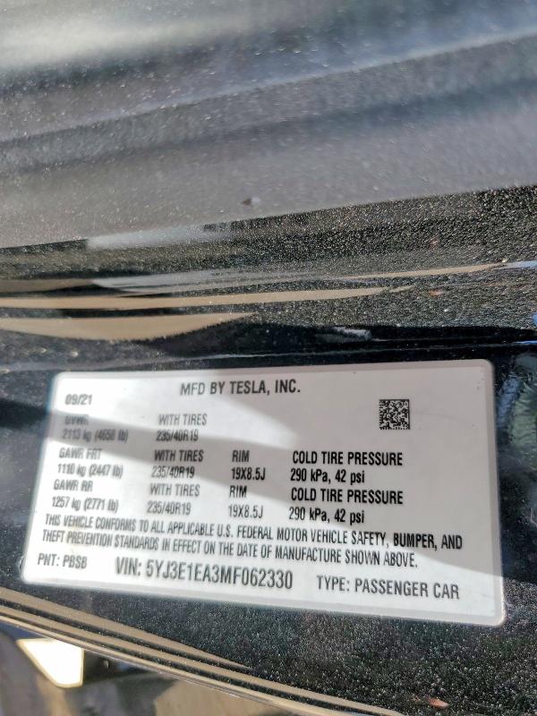 Aukcja sprzedaży 2021 Tesla Model 3, vin: 5YJ3E1EA3MF062330, numer aukcji: 56892976