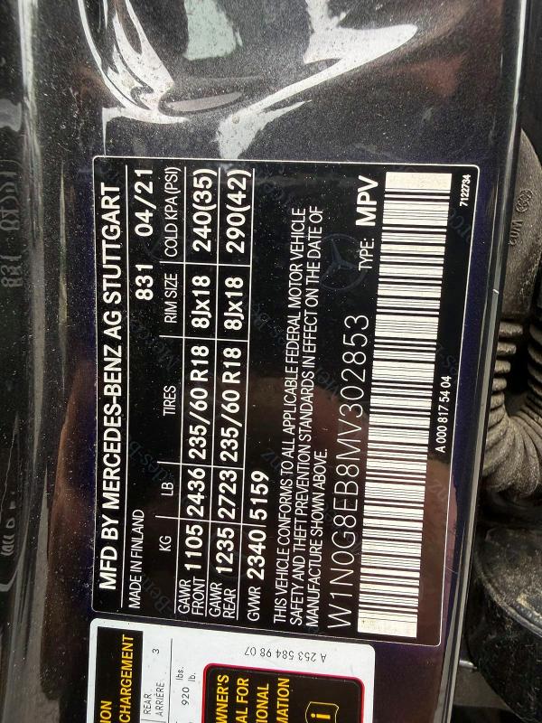 58909426 :رقم المزاد ، W1N0G8EB8MV302853 vin ، 2021 Mercedes-benz Glc مزاد بيع