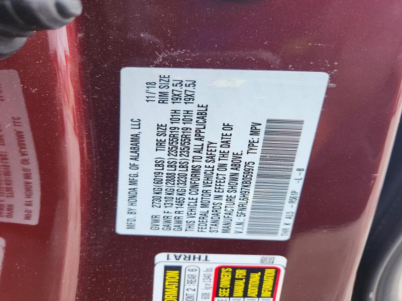 56835036 :رقم المزاد ، 5FNRL6H97KB059975 vin ، 2019 Honda Odyssey مزاد بيع