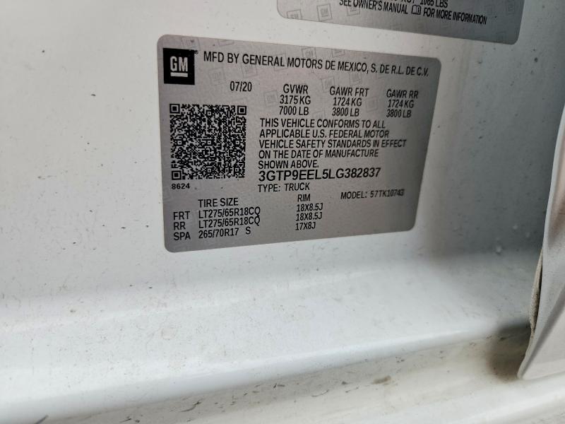 2020 Gmc Sierra მანქანა იყიდება აუქციონზე, vin: 3GTP9EEL5LG382837, აუქციონის ნომერი: 58913116