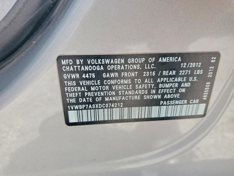 Продажа на аукционе авто 2013 Volkswagen Passat, vin: 1VWBP7A3XDC074212, номер лота: 58460436