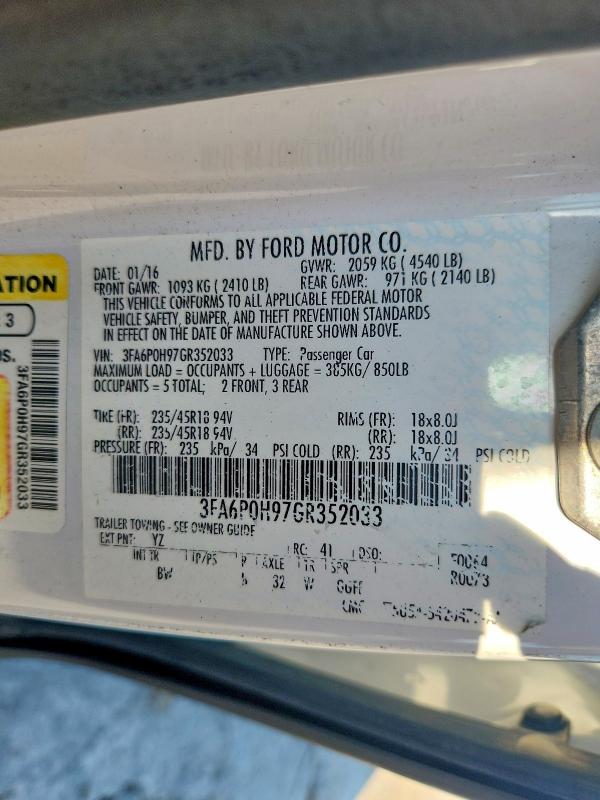 Aukcja sprzedaży 2016 Ford Fusion, vin: 3FA6P0H97GR352033, numer aukcji: 54980176