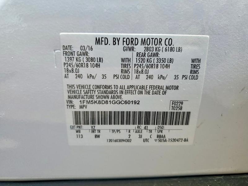 Aukcja sprzedaży 2016 Ford Explorer, vin: 1FM5K8D81GGC60192, numer aukcji: 55692056