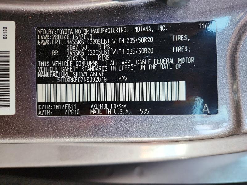 Auction sale of the 2022 Toyota Sienna, vin: 5TDXRKEC7NS092019, lot number: 57040636