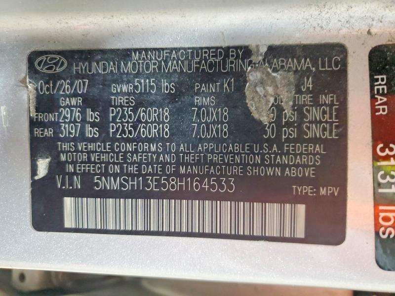56577586 :رقم المزاد ، 5NMSH13E58H164533 vin ، 2008 Hyundai Santa Fe مزاد بيع