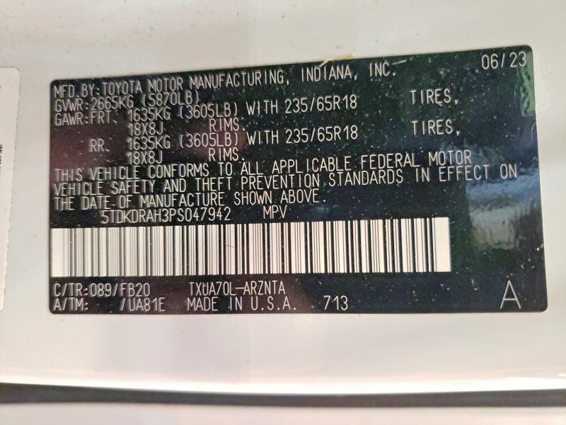 Продажа на аукционе авто 2023 Toyota Highlander, vin: 5TDKDRAH3PS047942, номер лота: 55964316