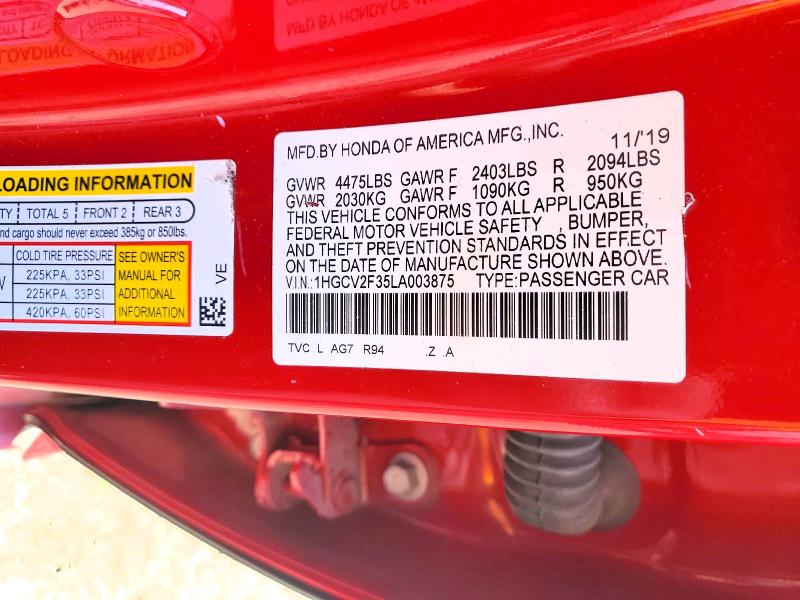 Aukcja sprzedaży 2020 Honda Accord, vin: 1HGCV2F35LA003875, numer aukcji: 58654936