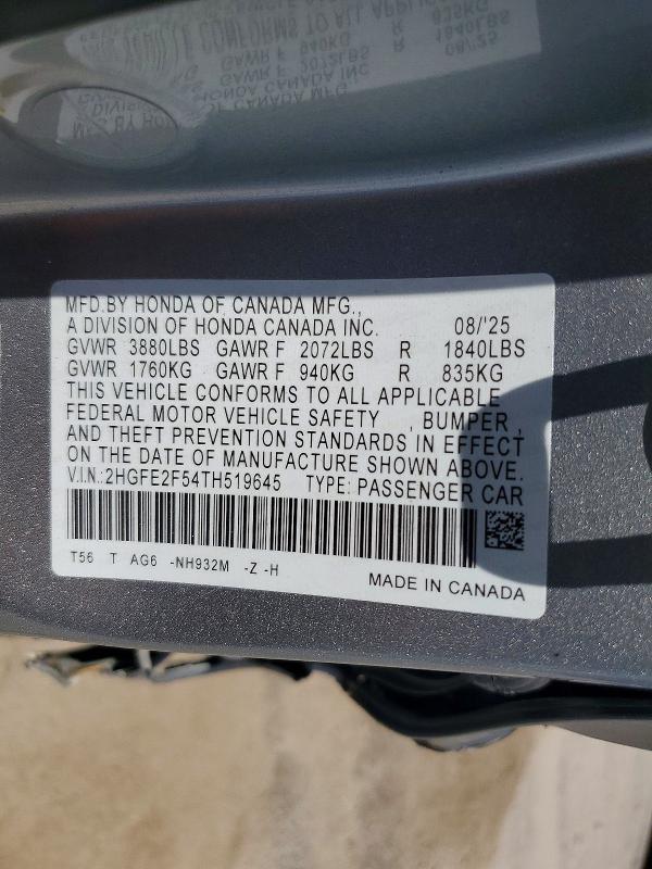 Продажа на аукционе авто 2026 Honda Civic, vin: 2HGFE2F54TH519645, номер лота: 57724016
