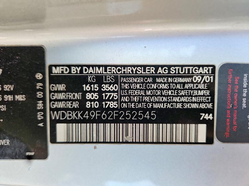 Aukcja sprzedaży 2002 Mercedes-benz Slk, vin: WDBKK49F62F252545, numer aukcji: 58834316