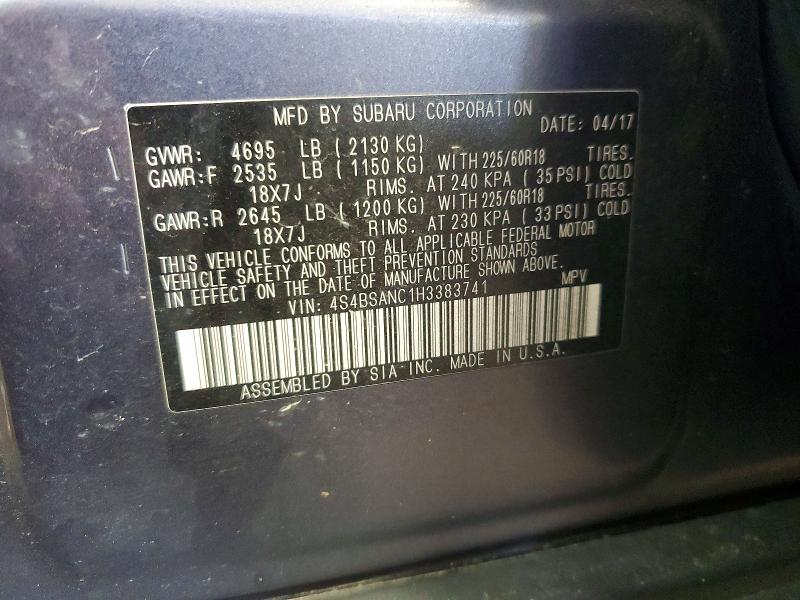55885736 :رقم المزاد ، 4S4BSANC1H3383741 vin ، 2017 Subaru Outback مزاد بيع