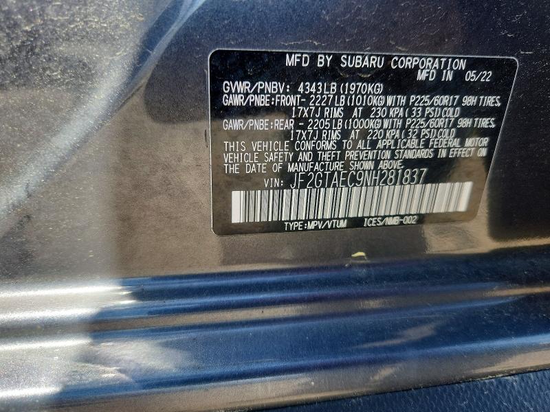 2022 Subaru Crosstrek მანქანა იყიდება აუქციონზე, vin: JF2GTAEC9NH281837, აუქციონის ნომერი: 57319796